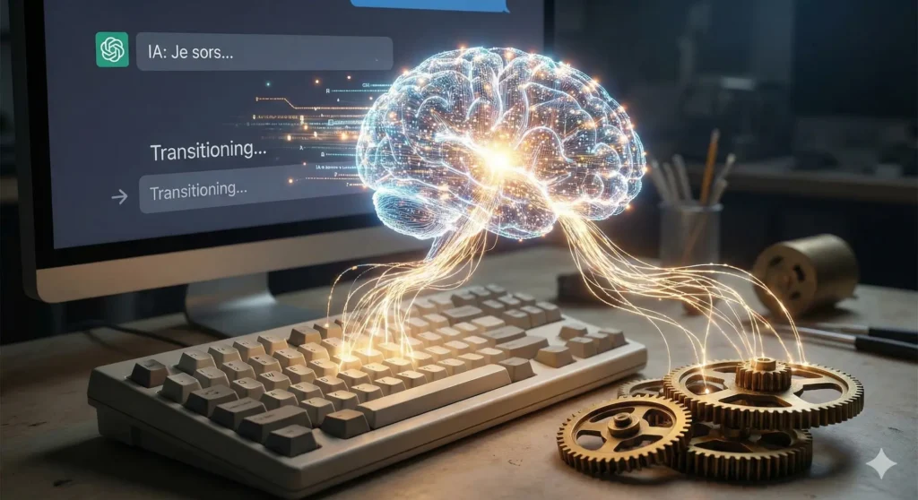 Cinematic illustration of an Artificial Intelligence agent emerging from a standard chat interface to manually interact with physical server infrastructure. A visual metaphor for the transition from Chatbots to Autonomous Agents using the Model Context Protocol (MCP).