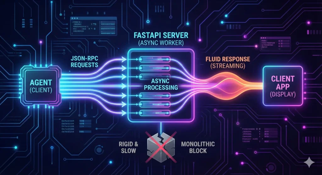 Diagram illustrating the asynchronous architecture of a Python FastAPI MCP server. It shows how JSON-RPC messages and SSE streams are handled in parallel without blocking the main thread.