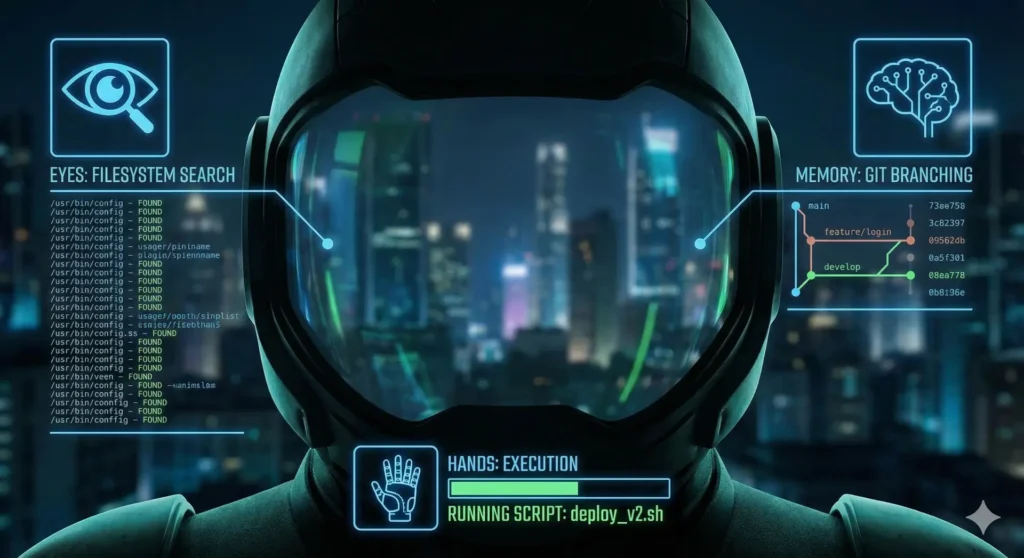 Futuristic HUD interface displaying the three core modules of the Ovochain MCP server: Filesystem search, Git version control, and Command execution. Visual metaphor for AI capabilities.