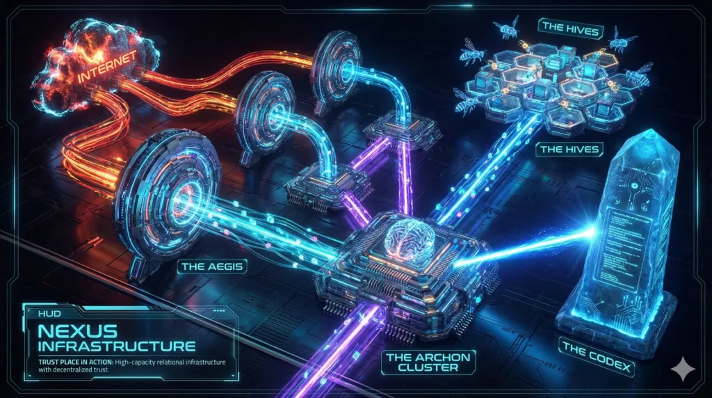 Futuristic isometric architecture of the OVOCHAIN Nexus Infrastructure showing a scalable cluster system. Chaotic red fiber optic cables from the 'INTERNET' flow into multiple 'THE AEGIS' secure gateways, instantly transforming into secure cyan-blue data streams. These feed into a synchronized cluster of 'THE ARCHON' digital brains connected by pulsing violet beams. To the upper right, 'THE HIVES' apiary shows active robotic bees processing data with the Archons. Finally, a direct, intense electric blue beam connects the main Archon to 'THE CODEX' immutable ledger. Bottom text reads: "NEXUS INFRASTRUCTURE - TRUST PLACE IN ACTION: High-capacity relational infrastructure with decentralized trust."