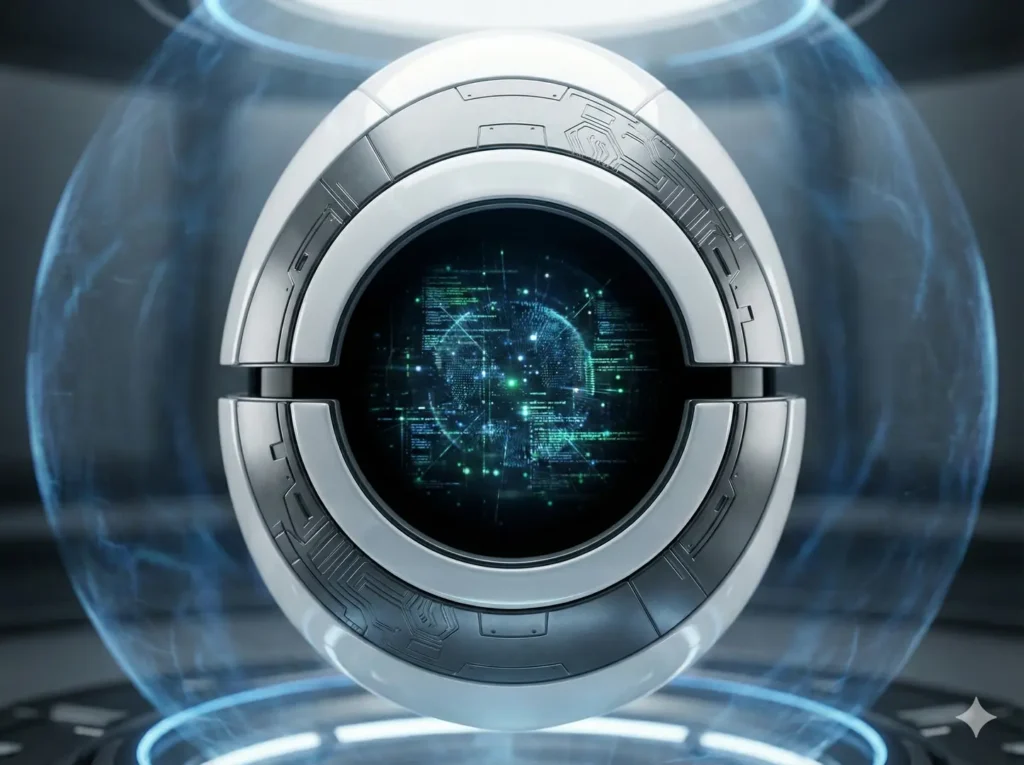 3D render of the OVOCHAIN Smart Asset: an armored technological egg with a gradient black core revealing subtle and secure digital activity at its center.