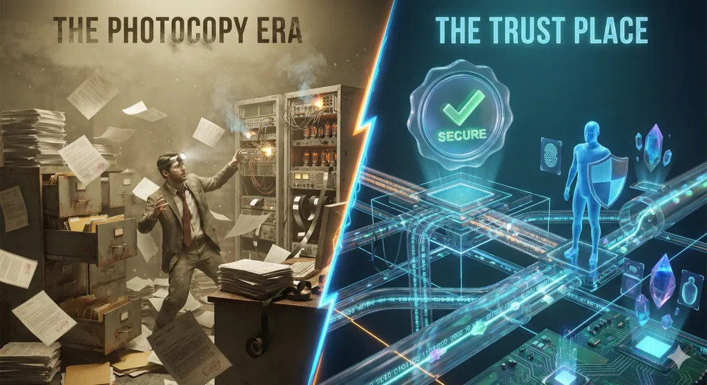 Comparative illustration showing the chaos of the photocopy era with paper data leaks versus the digital security of the OVOCHAIN Trust Place with a green validation seal.
