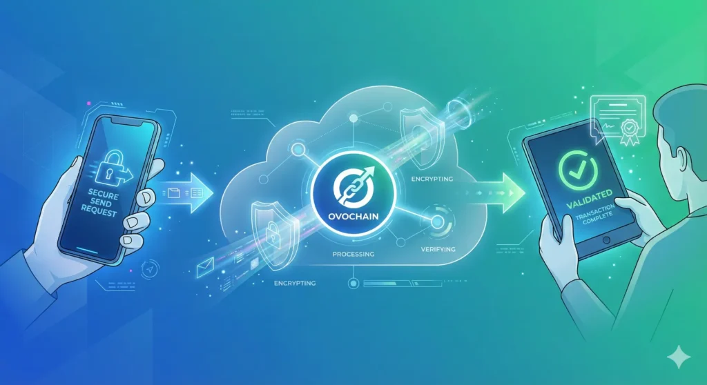 A clean, linear infographic timeline showing a secure transaction flow, from left to right. On the far left, a stylized user hand holds a smartphone displaying a secure send request icon. An arrow points to the center section, an abstract cloud processing environment with the OVOCHAIN logo, showing data being processed through light tunnels and encryption shields. Another arrow points to the far right, where another person holds a tablet displaying a large, glowing green "VALIDATED" checkmark notification and a secure certificate icon. The background is a clean, modern gradient from blue to green. UI/UX concept art, clear progression, futuristic interface elements.
